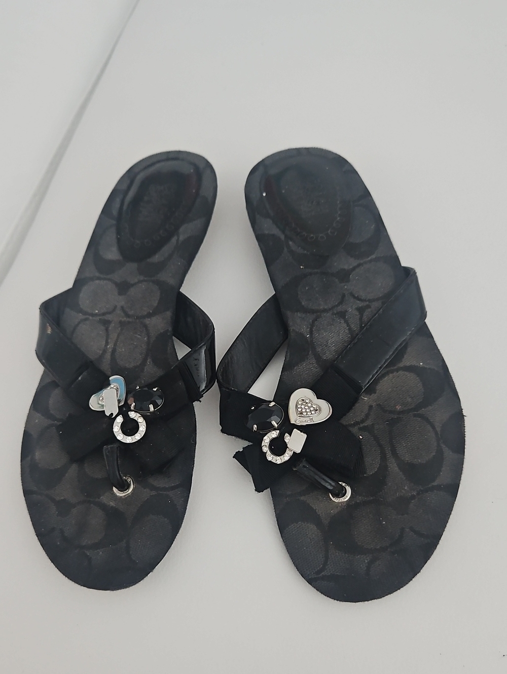 Coach Black Logo Heart Charm Thong Sandals